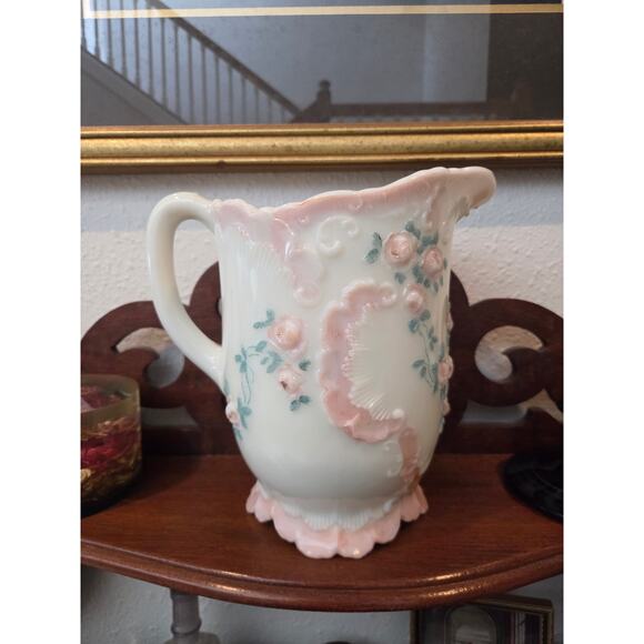 Antique Dithridge Milk Glass Rose Pitcher 8" EAPG Hand Painted Victorian 1800s - Picture 4 of 10